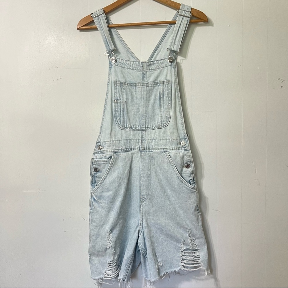 & Denim Denim Cut Off Overalls Shorts Light Wash Boho Coastal Cowgirl Size S - Picture 2 of 12